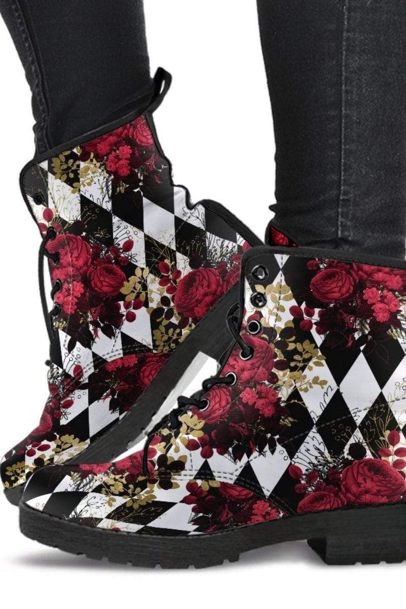Gothic Red Rose and diamond harlequin printed vegan combat boots at Gallery Serpentine