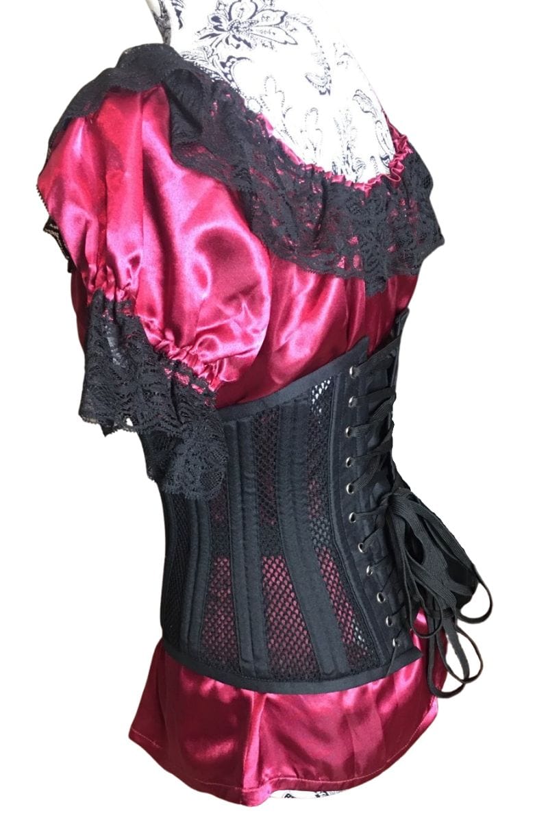side back view of the new black double steel boned waist training waist control corset at Gallery Serpentine