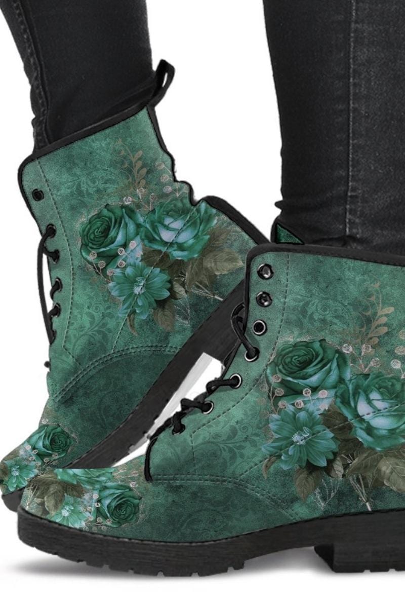 Romantic victorian green roses printed on women's vegan leather boots