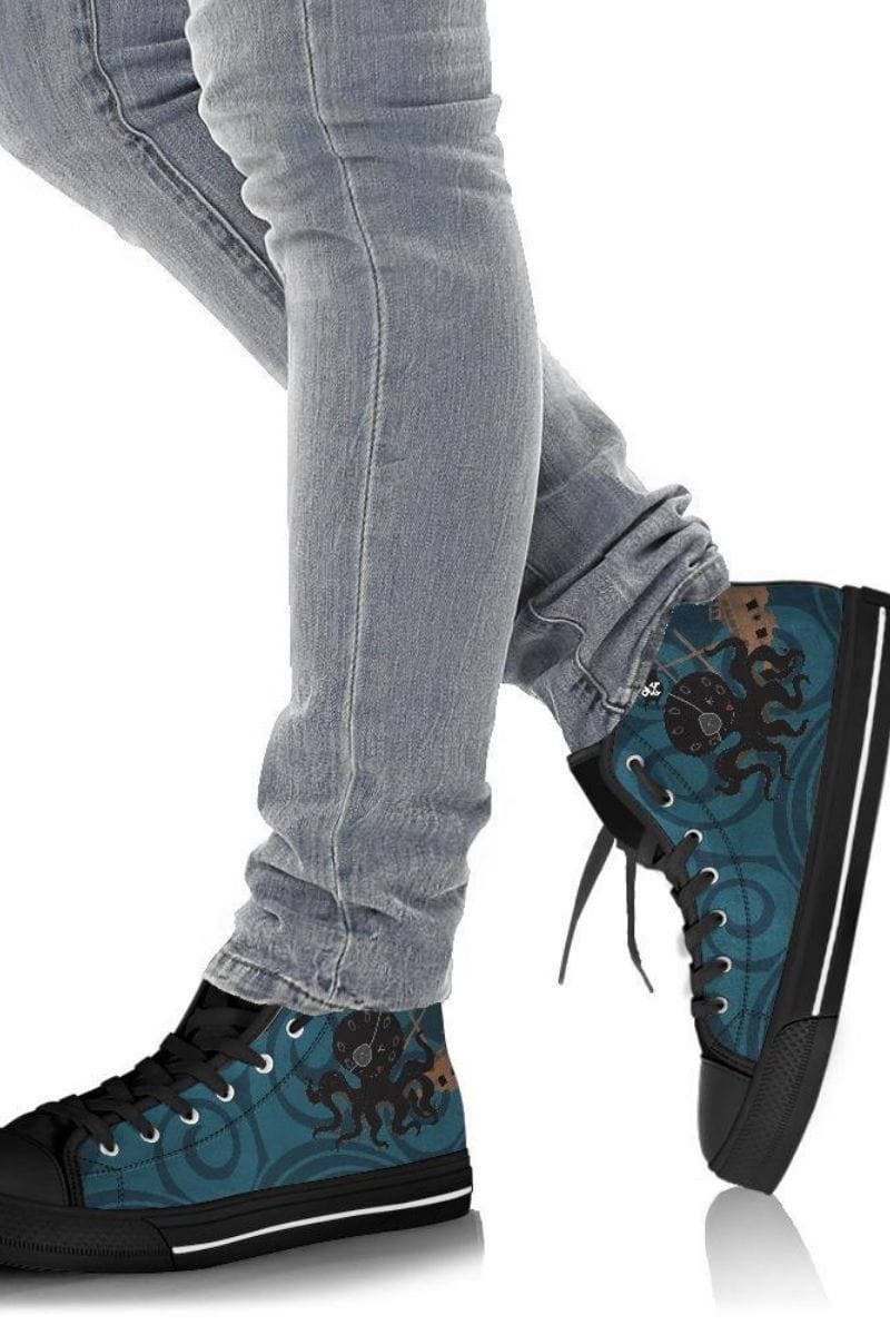 Pirate Kraken print with turquoise blue stylised waves on a women's canvas sneaker