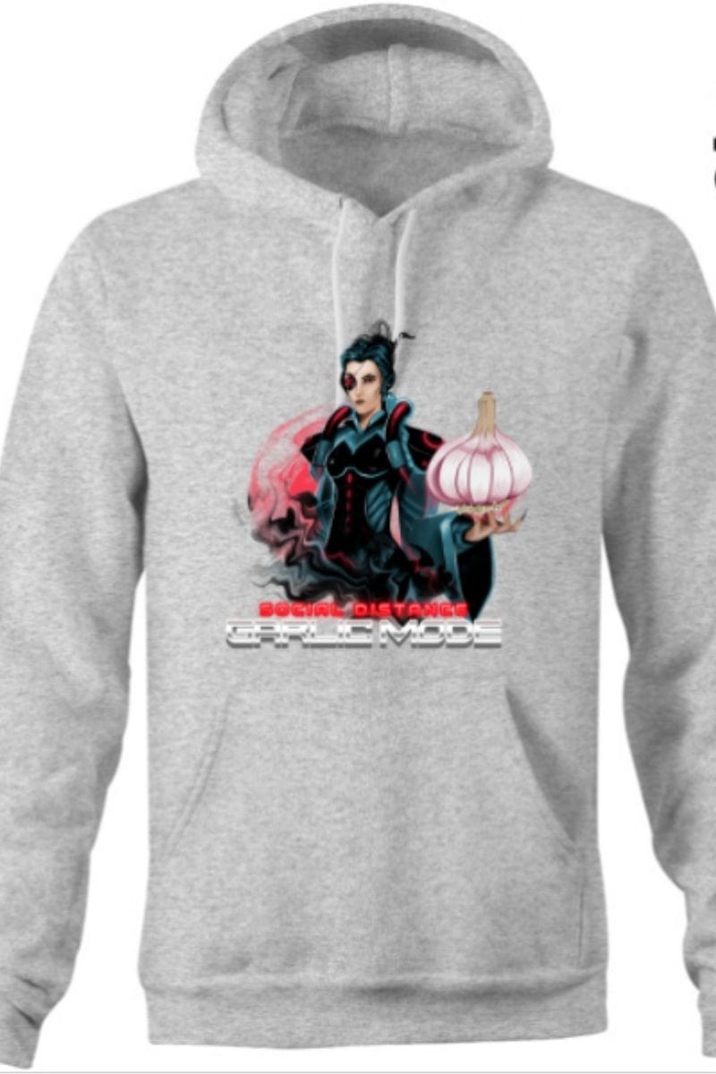 AS Colour Stencil Hoodie in grey marle with gamer style social distancing garlic mode on graphic