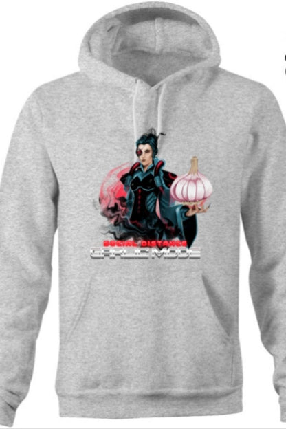 AS Colour Stencil Hoodie in grey marle with gamer style social distancing garlic mode on graphic