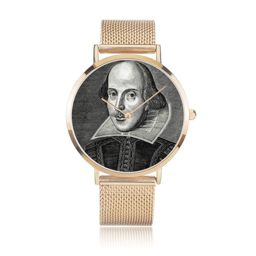 front on view of the Shakespeare digital printed 8mm thick stainless steel watch, water resistant in rose gold