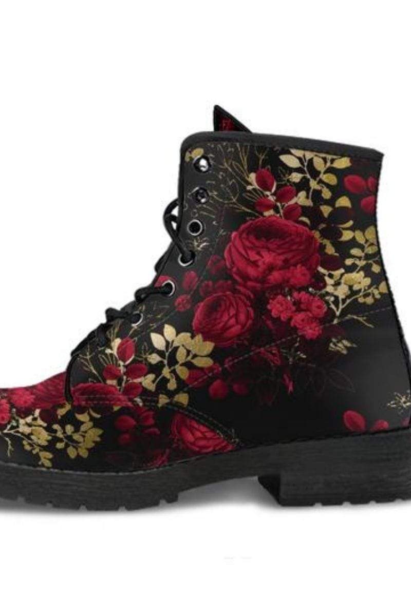 black and red roses printed vegan gothic combat boots