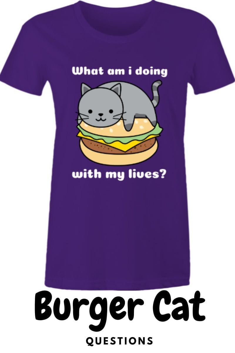funny cute cat meme existential crisis burger cat t-shirt on purple with burger cat written underneath