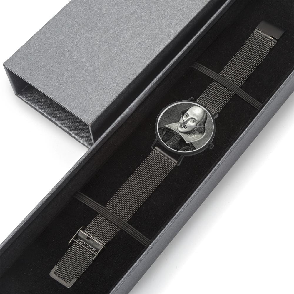gift boxed view of the Shakespeare digital printed 8mm thick stainless steel watch, water resistant in black