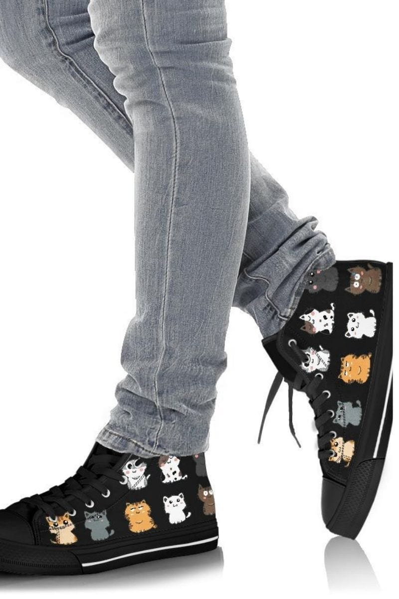 woman walking in the cute cats print on womens high top sneakers
