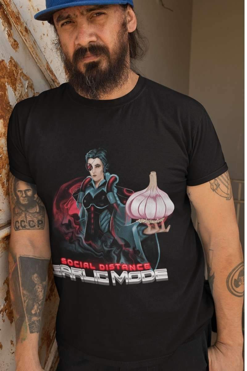 hard rocker tattooed guy wearing the Social Distance Garlic Mode men's t-shirt