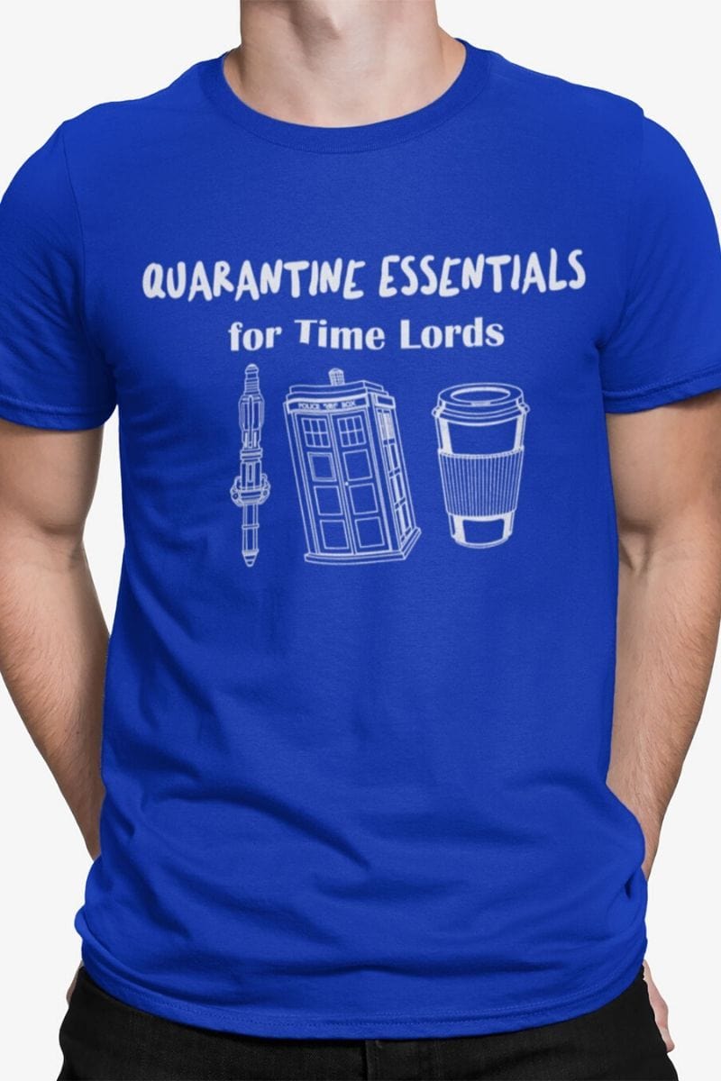 funny dr who meme t-shirt featuring a sonic screwdriver police box and coffee on blue cotton