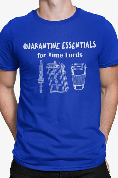 funny dr who meme t-shirt featuring a sonic screwdriver police box and coffee on blue cotton