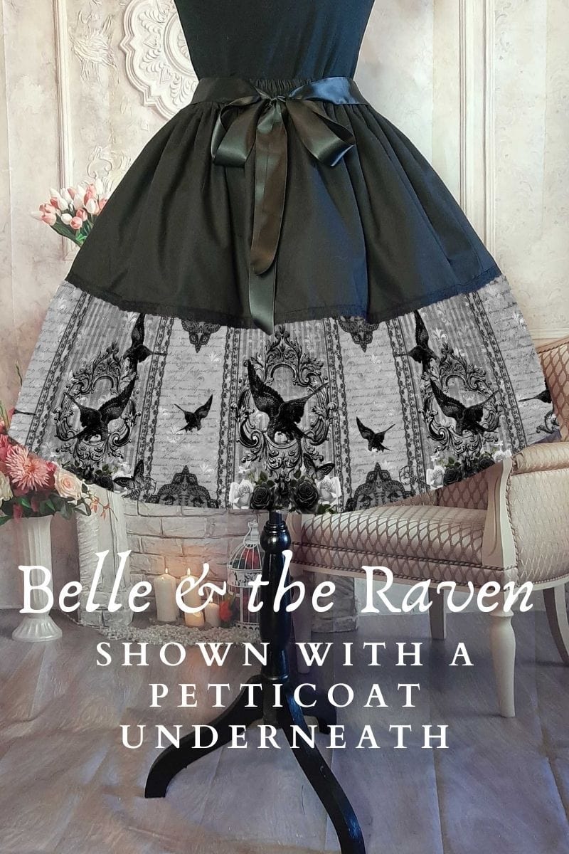 gothic mid length skirt featuring a black raven worn with a petticoat