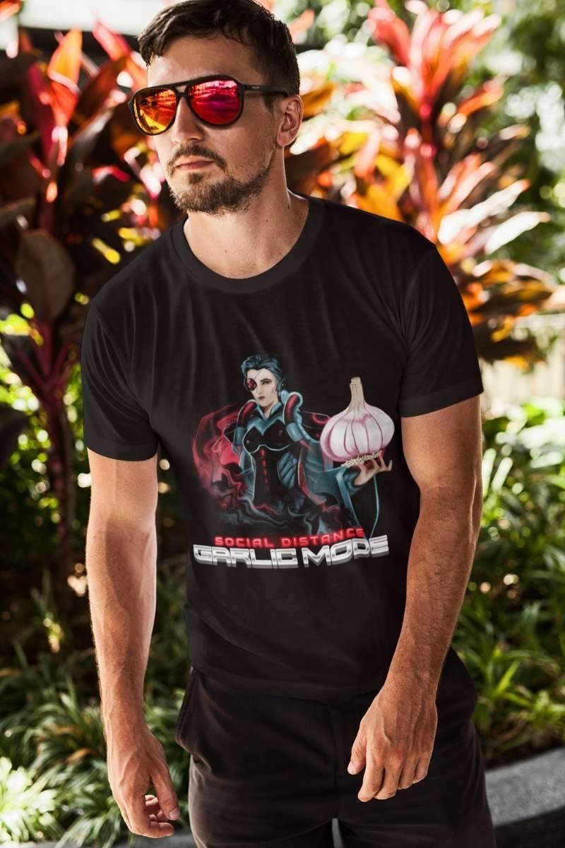 guy wearing the Social Distance Garlic Mode AS Colour black t-shirt