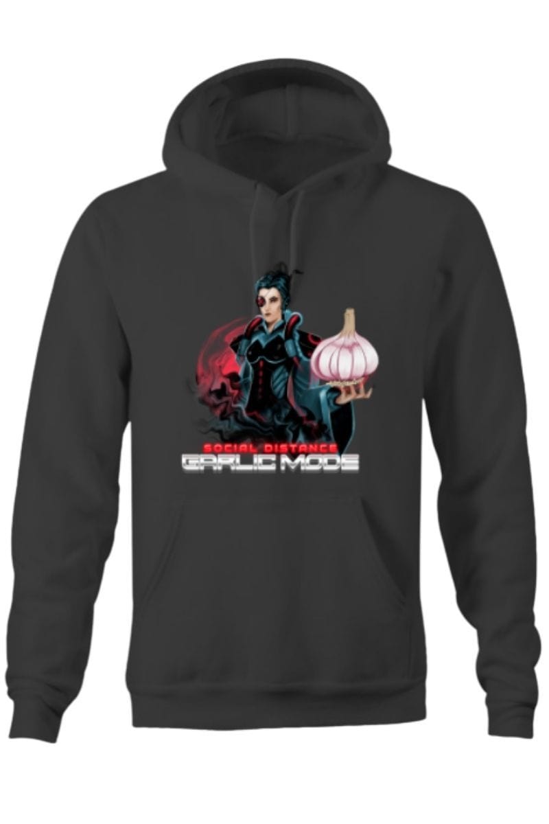social distance gamer style graphic t-shirt featuring garlic on black