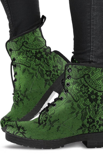 green vegan leather boots with a black gothic lace overlay print