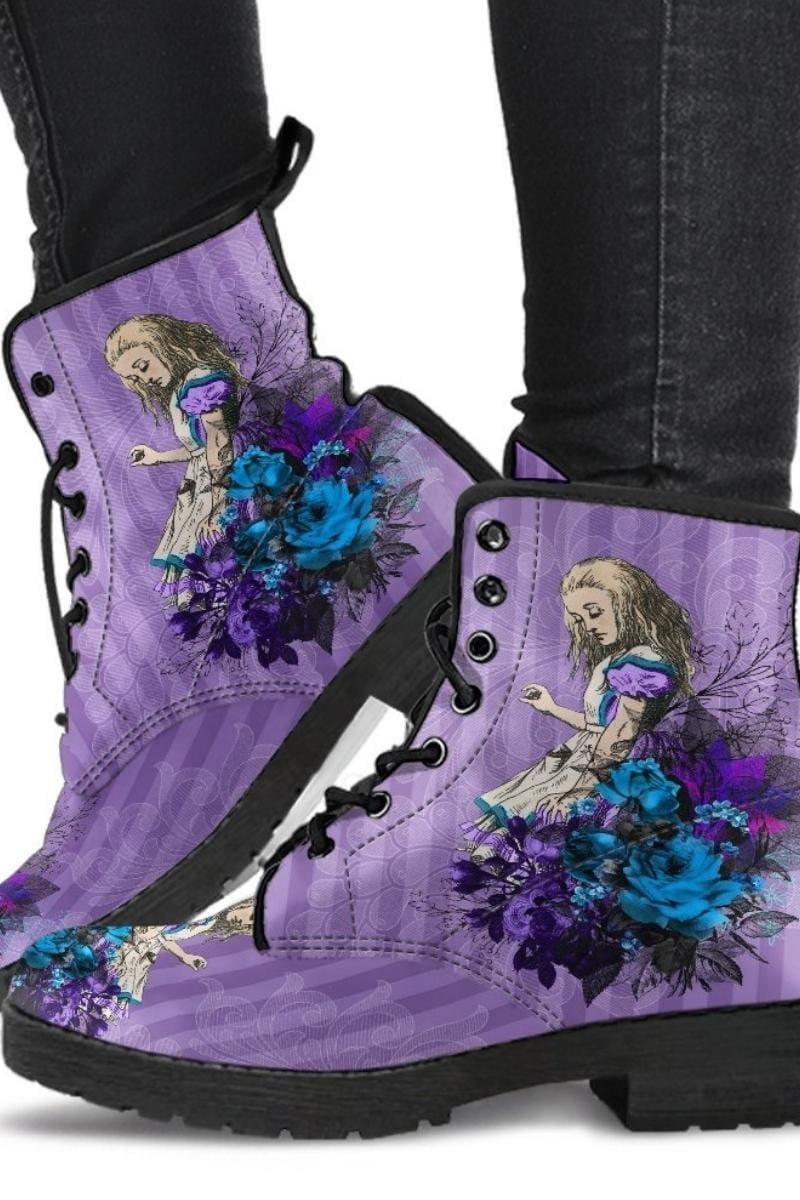 vegan leather custom printed boots with lilac lavender purple Alice in Wonderland