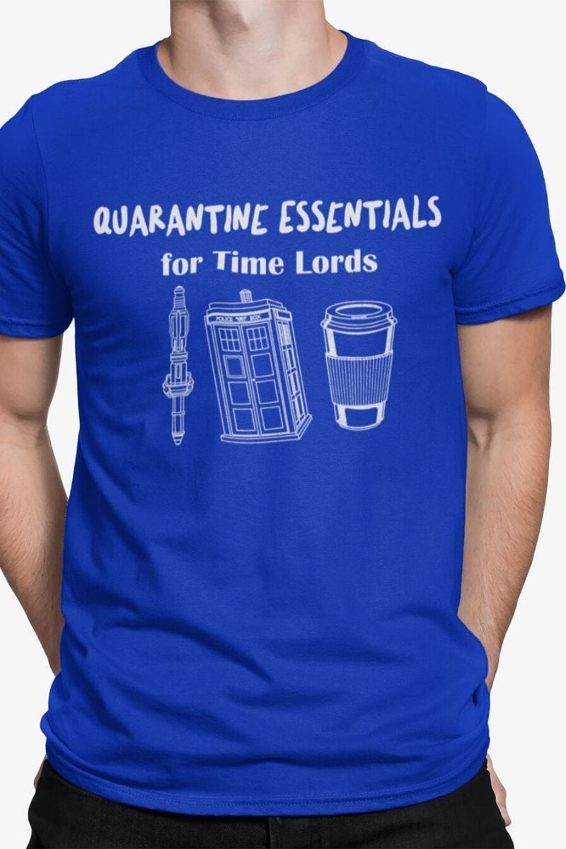 showing the blue sleeve on the funny dr who meme t-shirt featuring a sonic screwdriver police box and coffee