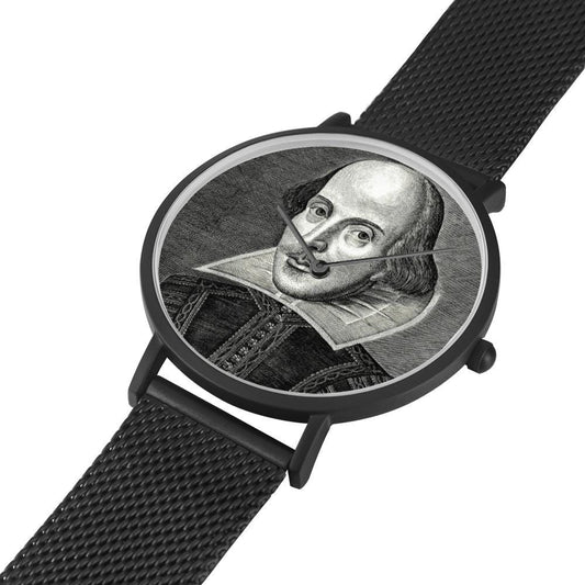 Shakespeare digital printed 8mm thick stainless steel watch, water resistant in black