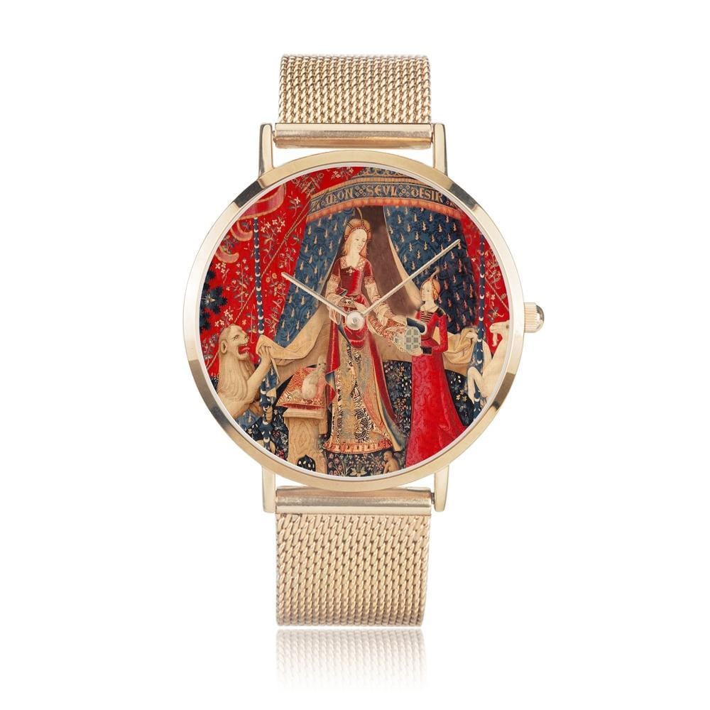 front view of the gold the Lady and the Unicorn tapestry artwork now on a quality citizen movement watch