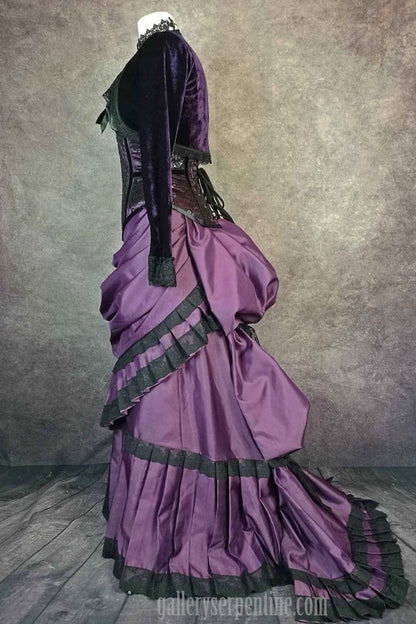 side view of the gothic victorian steampunk wedding skirt in amethyst satin