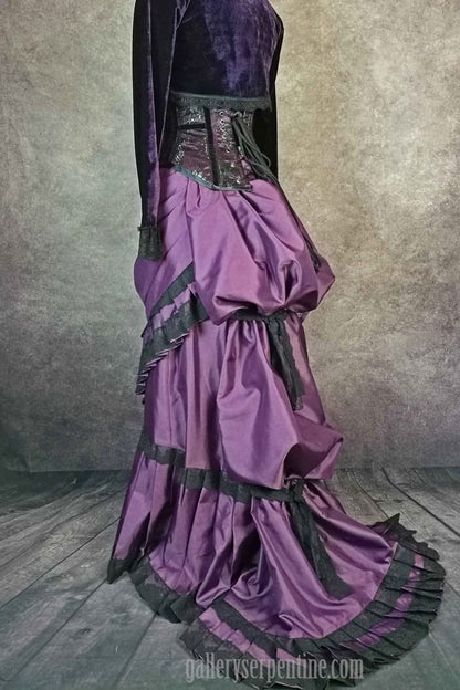 1880s era cascade bustle back on the gothic victorian steampunk wedding skirt in amethyst satin