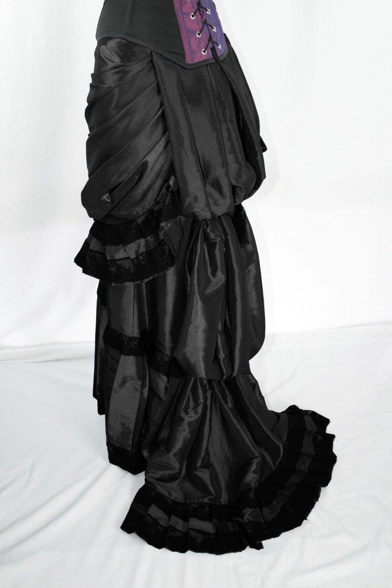 side view ebony victorian skirt, late 1880's style from black satin & lace, made to order