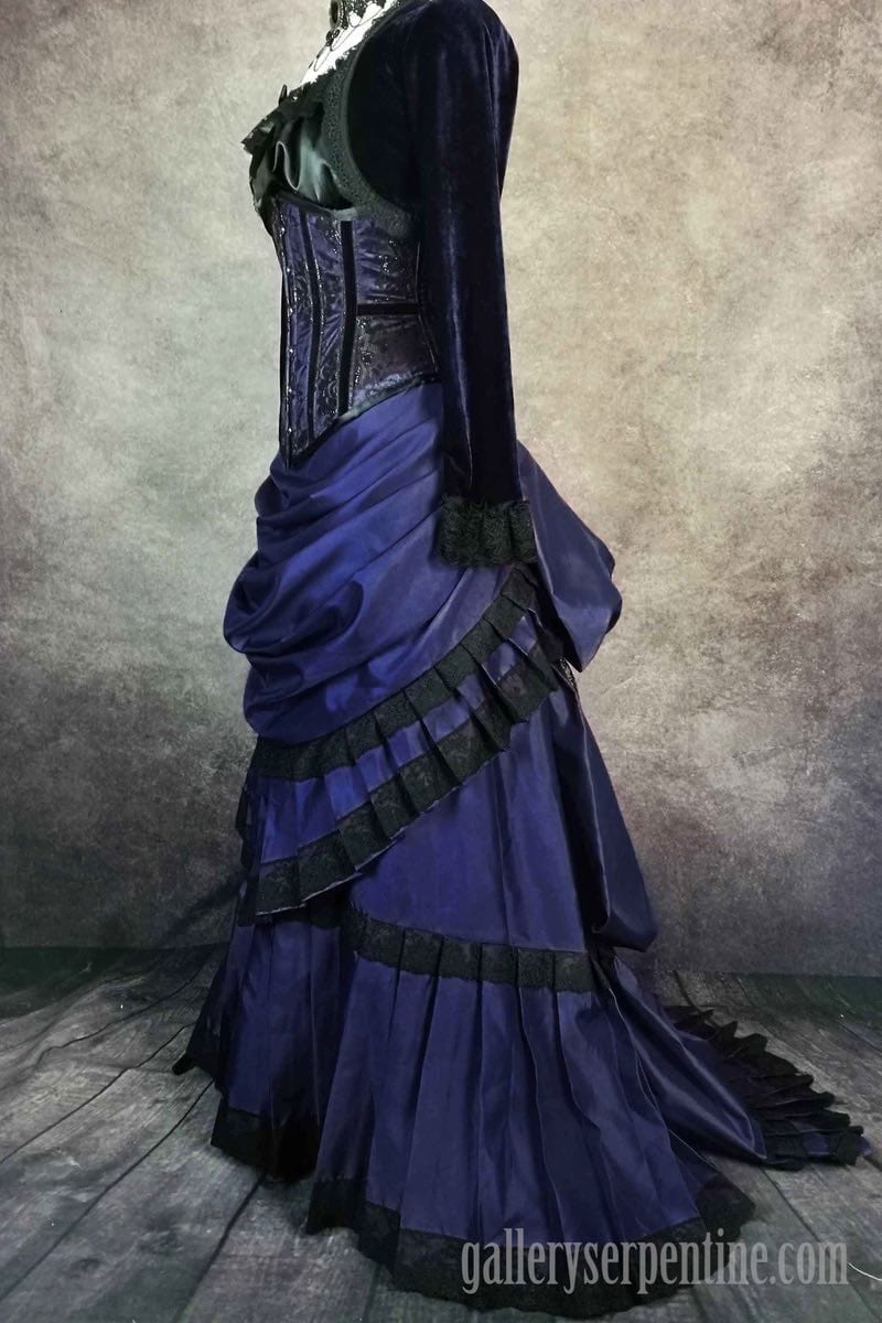 deepest blue victorian bustle skirt 1880s victorian wedding dress side front view showing gothic black lace trim