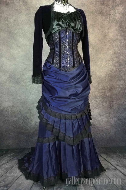 front view of the deepest blue victorian bustle skirt 1880s victorian wedding dress skirt