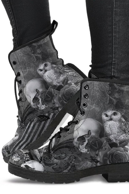 vegan boots printed with gothic animals - owl, raven, skull