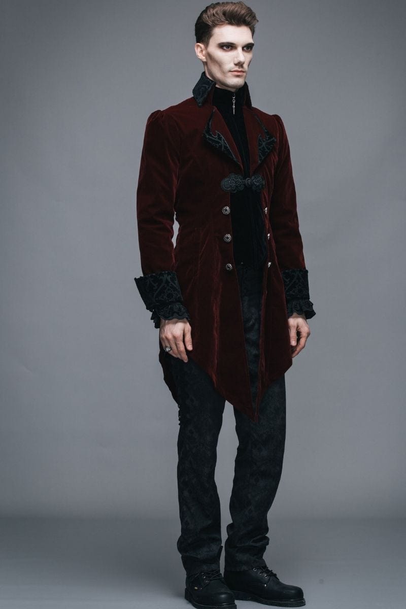 male actor wearing the gorgeous gothic victorian dark red velvet men's tail coat for weddings, formals, cosplay, victorian costumes