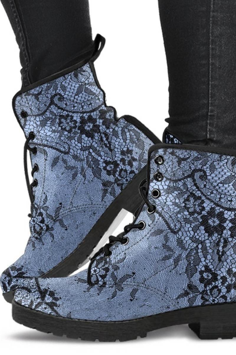 baby blue vegan leather combat boots overlaid with black lace print at gallery serpentine