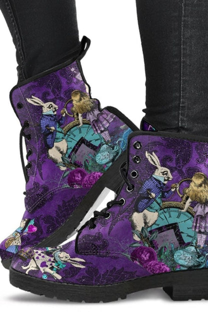 Turquoise and purple feature on this custom printed and made Alice in Wonderland vegan boot style