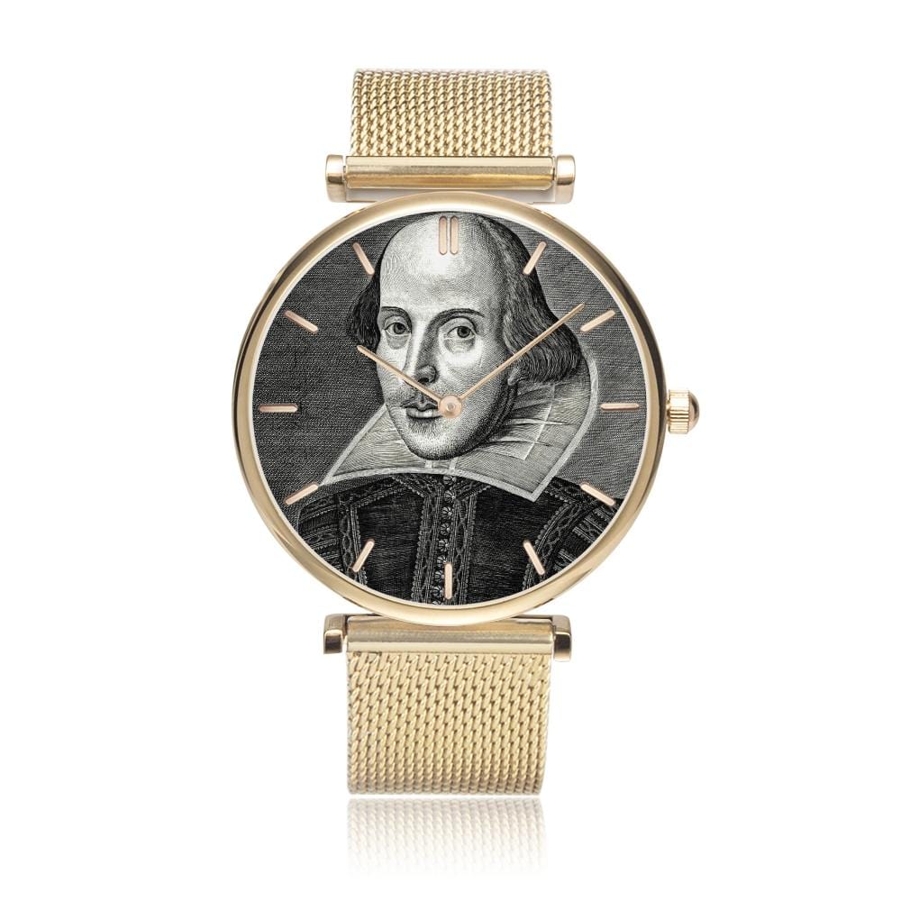 front on view of the gold coloured Shakespeare image watch with 5 minute indicators