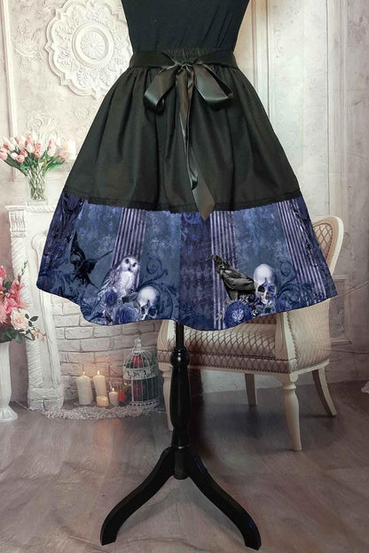 gothic blue skirt with raven, owl and skull print