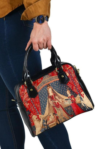 The Lady & the Unicorn medieval tapestry artwork printed on a vegan leather women's handbag