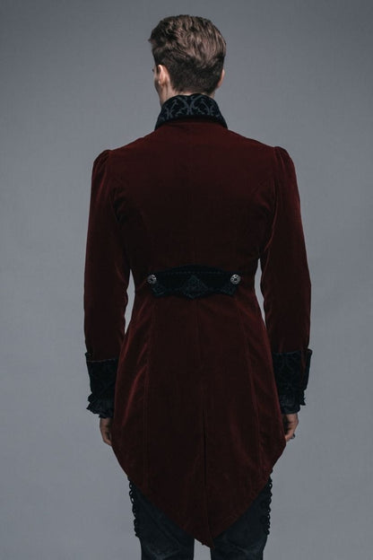 back view of the gorgeous gothic victorian dark red velvet men's tail coat for weddings, formals, cosplay, victorian costumes