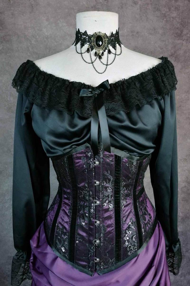 long sleeve black satin chemise trimmed with black lace trim for wearing under corsets