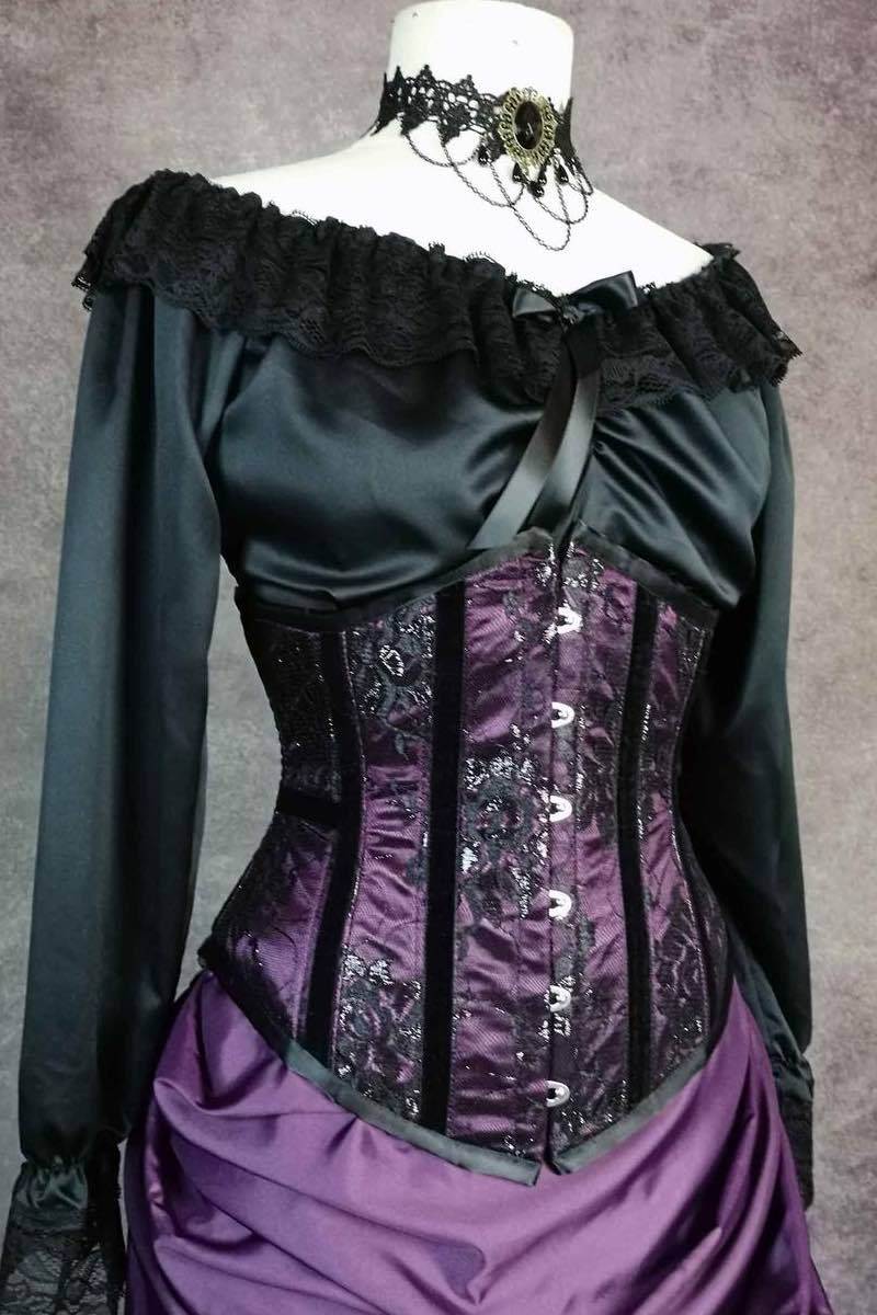 long sleeve black satin chemise trimmed with black lace for wearing under victorian corsets