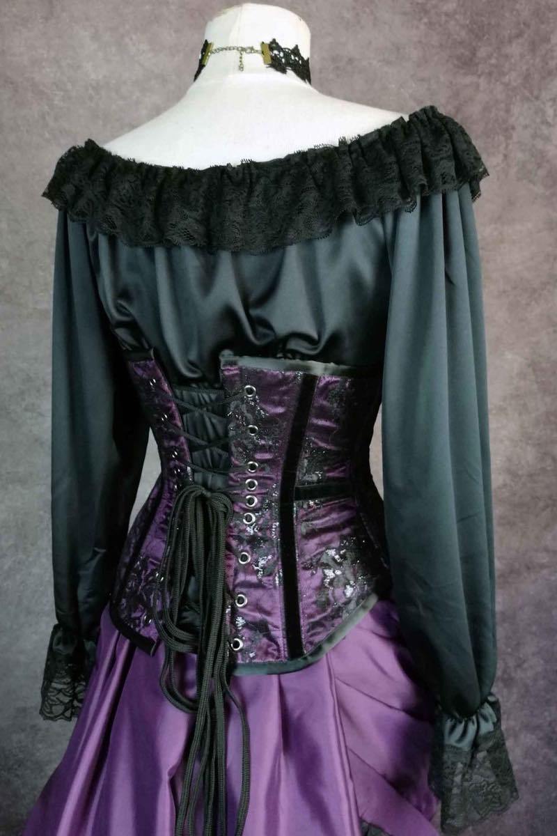 back of the long sleeve black satin chemise trimmed with black lace for wearing under corsets