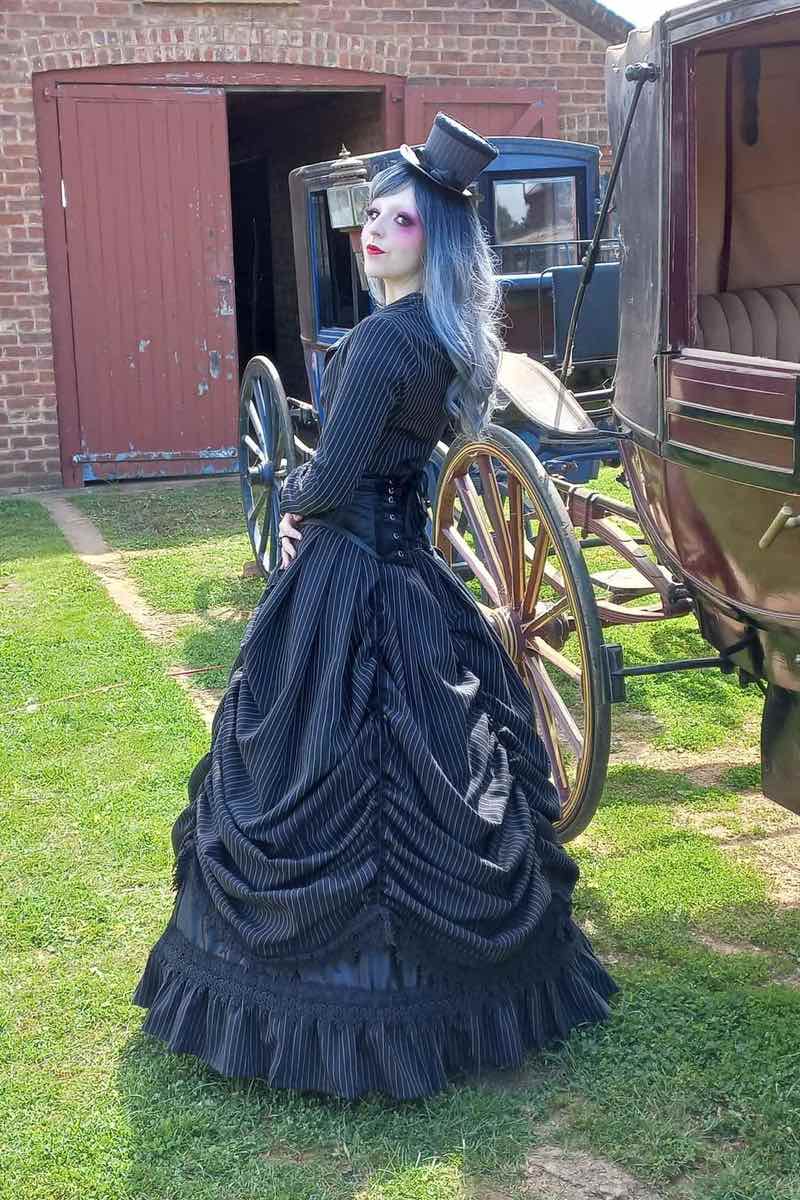side back of the Gothic Victorian Pinstripe Wedding Dress Corset Gown