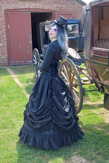 side back of the Gothic Victorian Pinstripe Wedding Dress Corset Gown