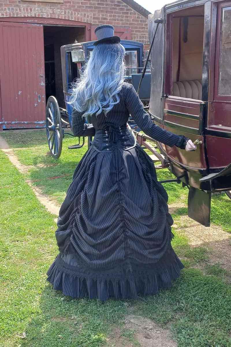 back of the Gothic Victorian Pinstripe Wedding Dress Corset Gown