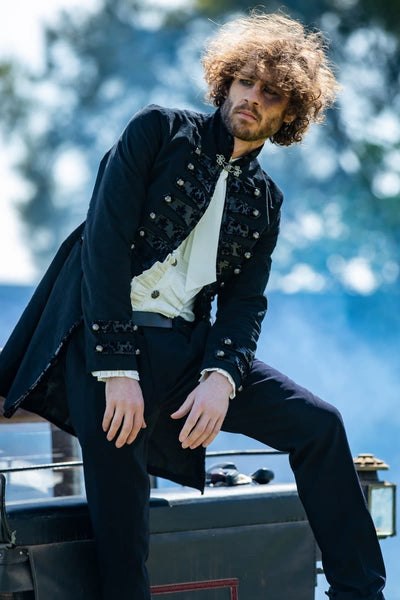 male model and actor Seaton modelling the Black Pirate Jacket by Gallery Serpentine image by Ashley Sowter and SPW