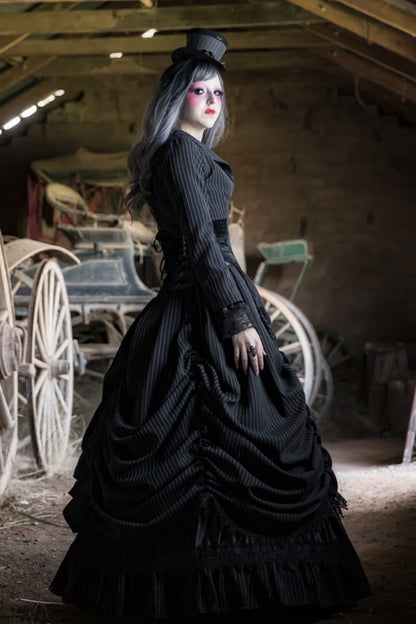 side view of Gothic Victorian Pinstripe Wedding Dress Corset Gown