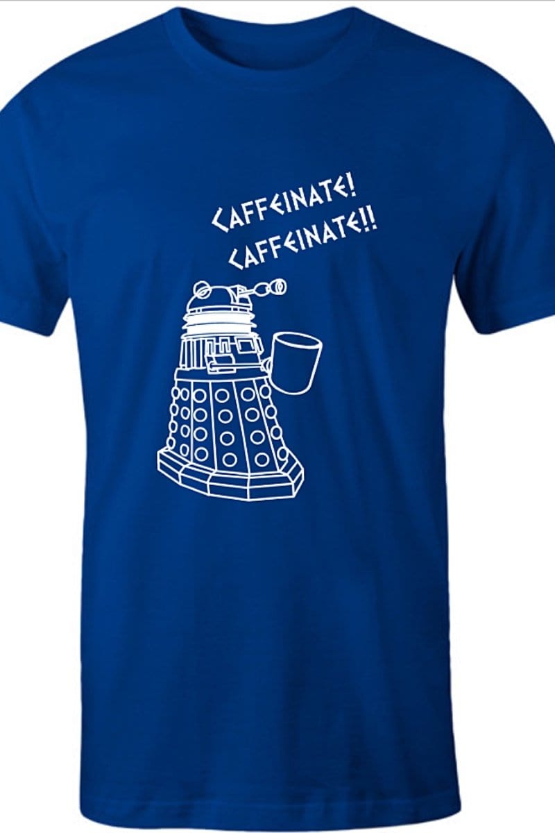 blue t-shirt for men with funny Dalek needs coffee meme in white print