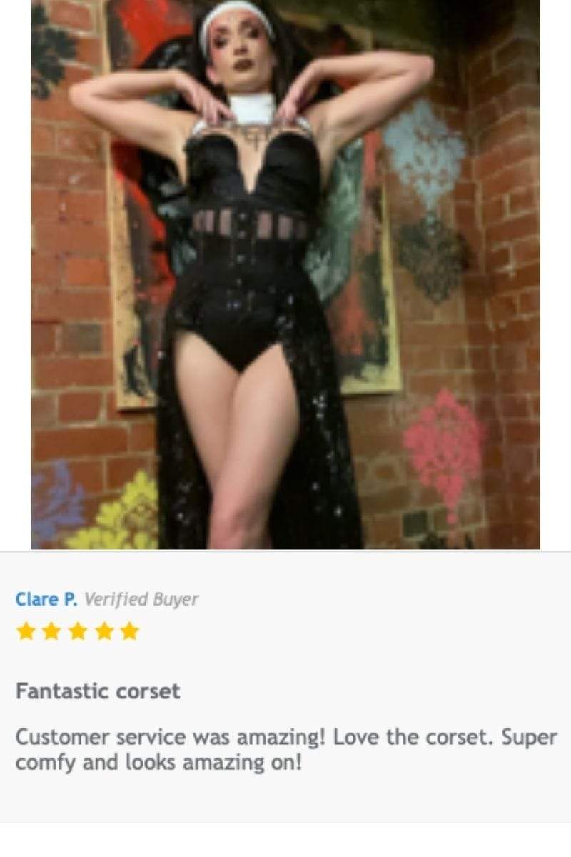 Clare P, performer from Western australia wearing the Dark Desire mesh corset with her costume with text review