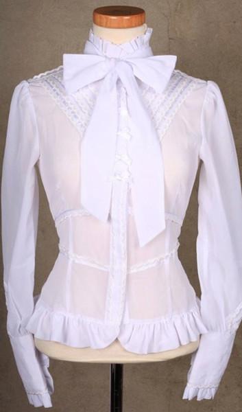 white gothic victorian blouse with lace and ribbon detailing, designed in Australia