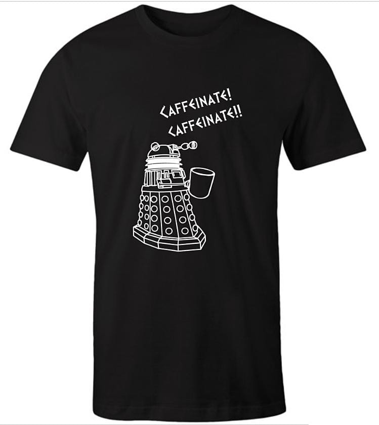 black t-shirt for men with funny Dalek needs coffee meme in white print sizes S to 5XL