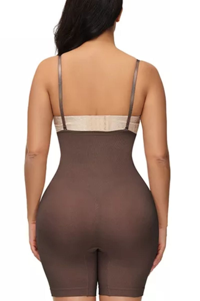 back view of the coffee coloured light compression jump suit shaper