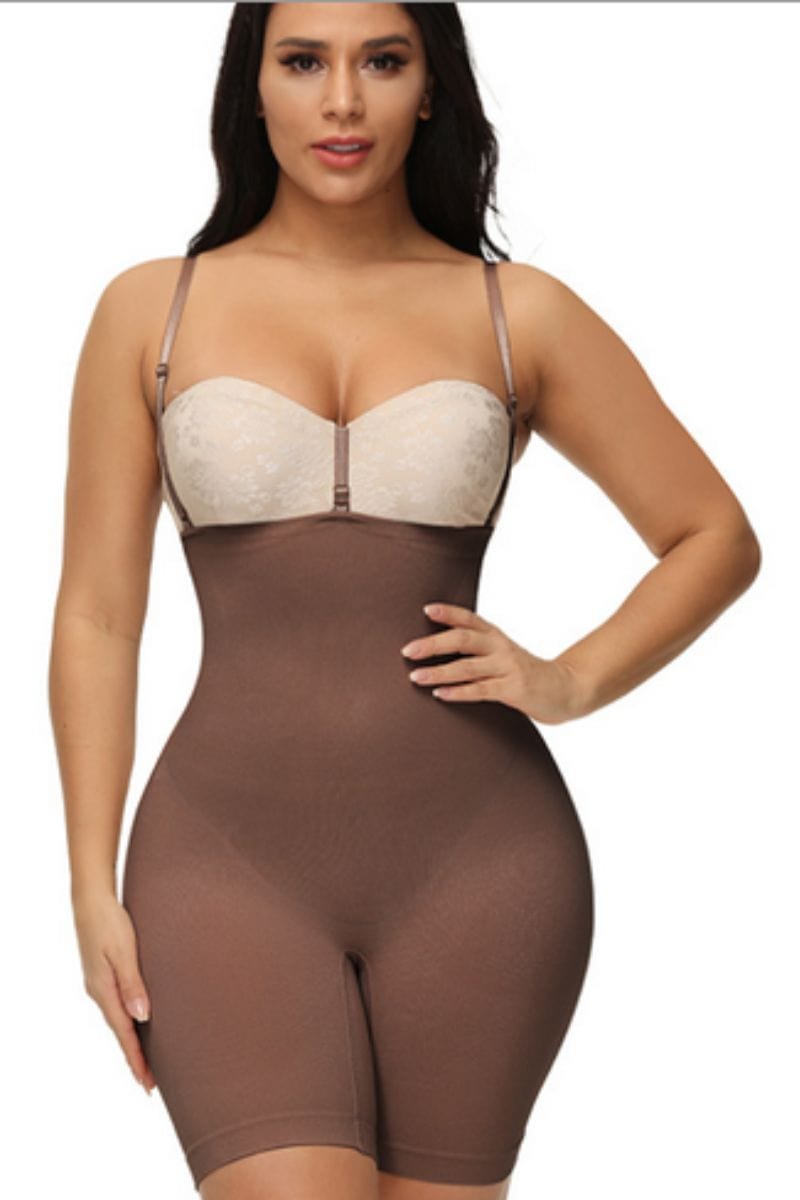 front view of the coffee coloured compression shapewear thigh to under bust design