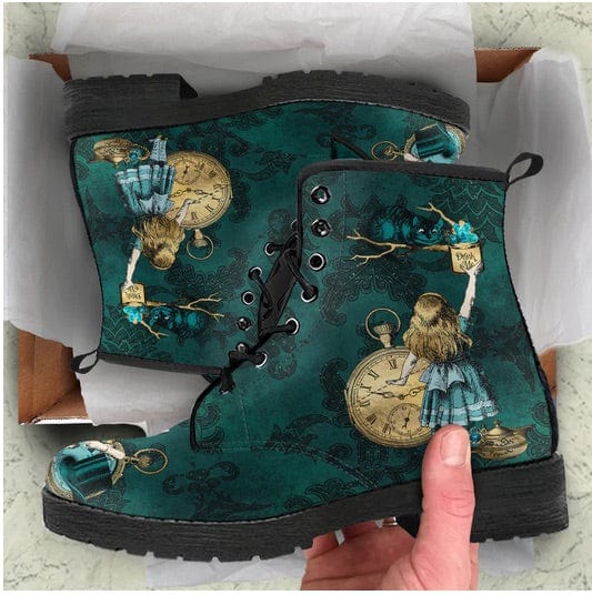 Dark green Alice in Wonderland boots featuring the cheshire cat and Alice